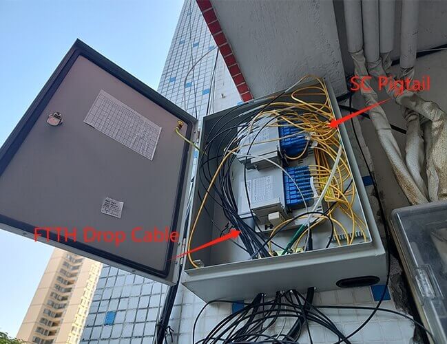 Pigtails and FTTH drop cables in splitter boxes